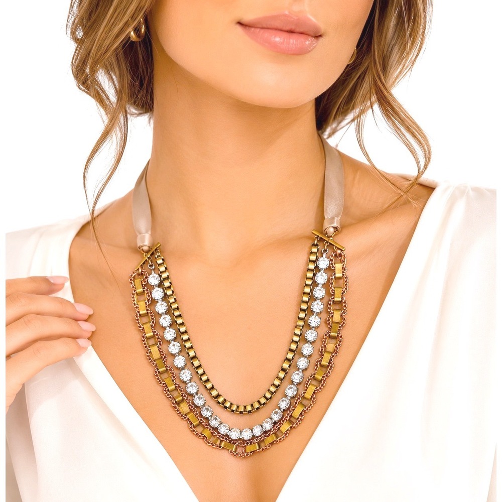 Mixed Metal Multi Strand Rhinestone Ribbon Tie Necklace Taupe Gold Tone 103-166